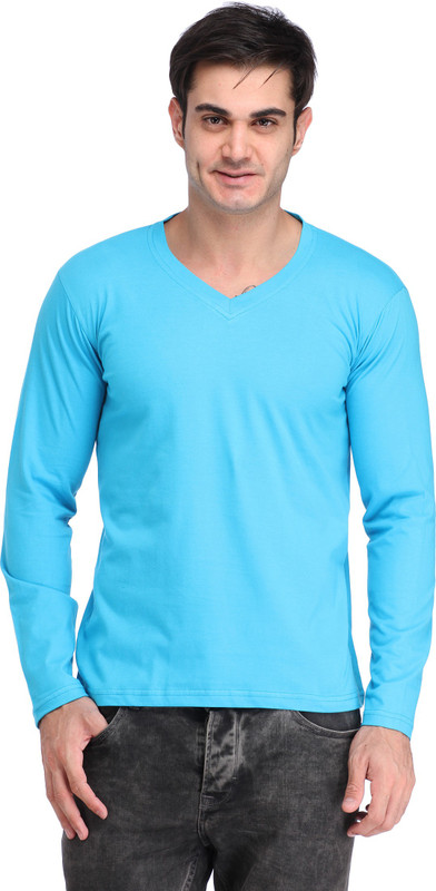 Leana Solid Men Round Neck Light Blue T-Shirt