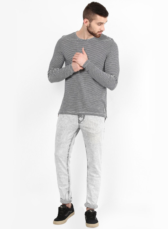 Jack & Jones Striped Men Round Neck Black T-Shirt