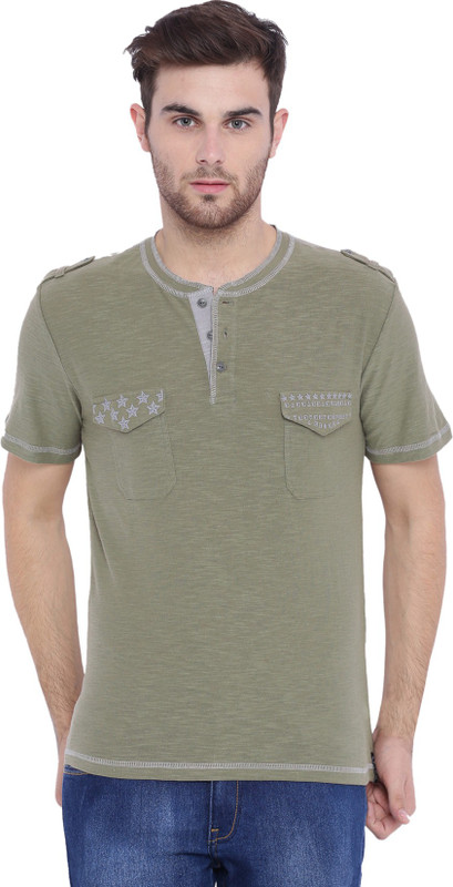 Arise Self Design, Printed Men Henley Green T-Shirt