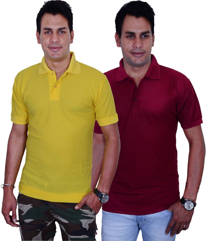 Blaze Solid Men Polo Neck Yellow, Maroon T-Shirt(Pack of 2)