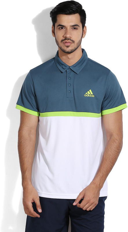 ADIDAS Solid Men Polo Neck White, Blue T-Shirt