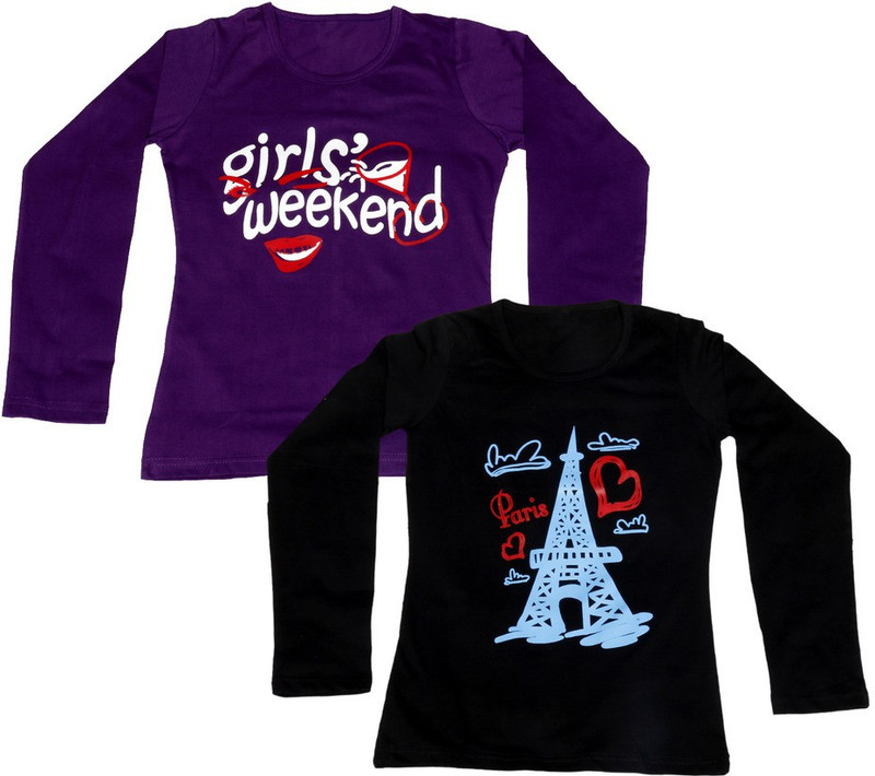 IndiWeaves Printed Women Round Neck Purple, Black T-Shirt(Pack of 2)