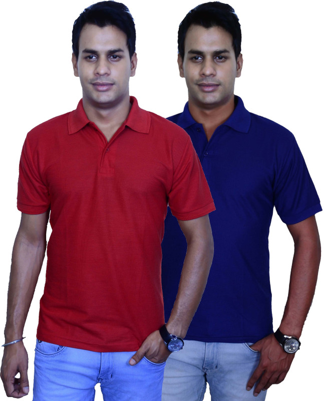 Blaze Solid Men Polo Neck Red, Blue T-Shirt(Pack of 2)