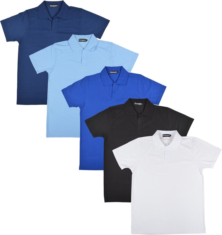 Pintapple Solid Men Polo Neck White, Black, Blue, Light Blue, Dark Blue T-Shirt(Pack of 5)