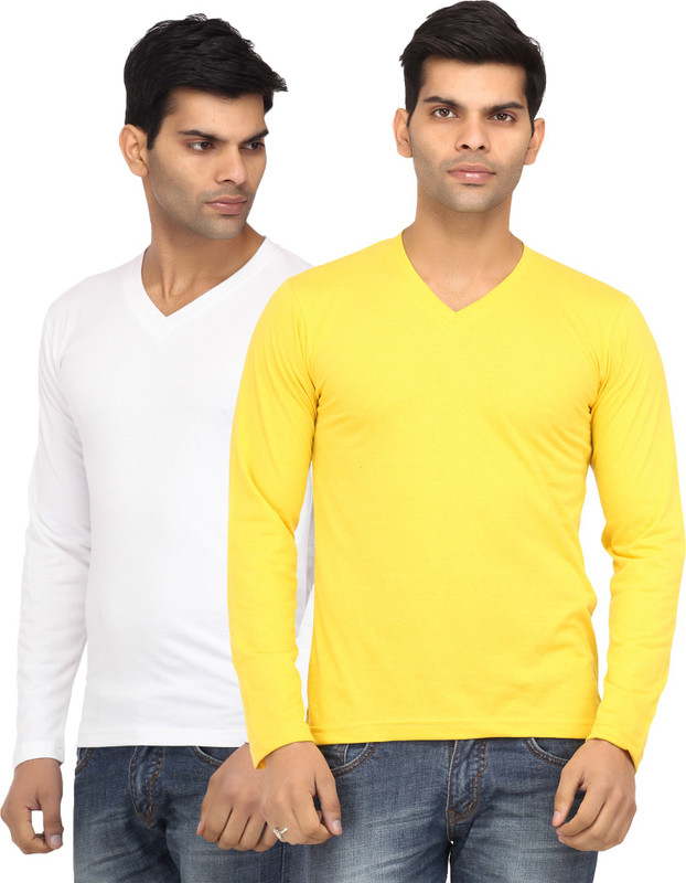 Leana Solid Men Round Neck White, Yellow T-Shirt(Pack of 2)