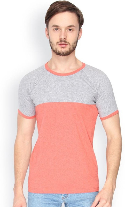 Campus Sutra Solid Men Round or Crew Grey, Orange T-Shirt