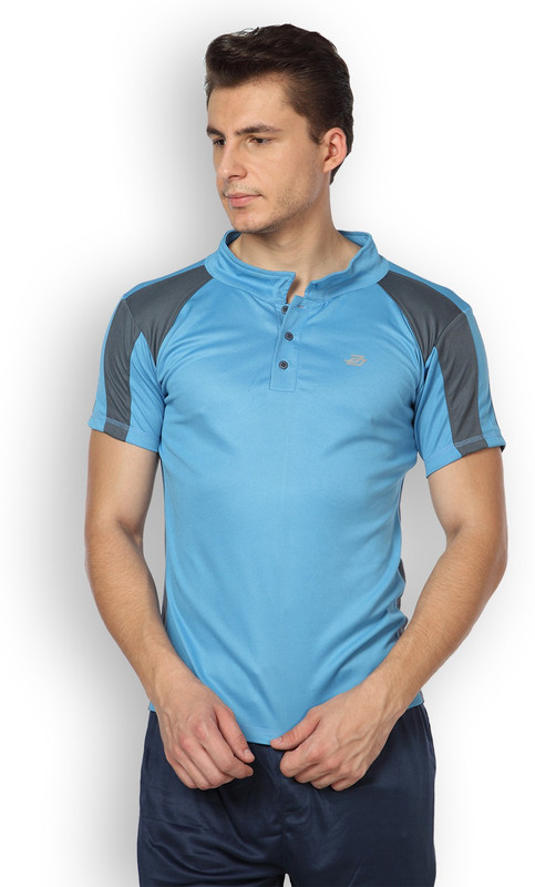 DIFFERENCE OF OPINION Solid Men Mandarin Collar Blue T-Shirt