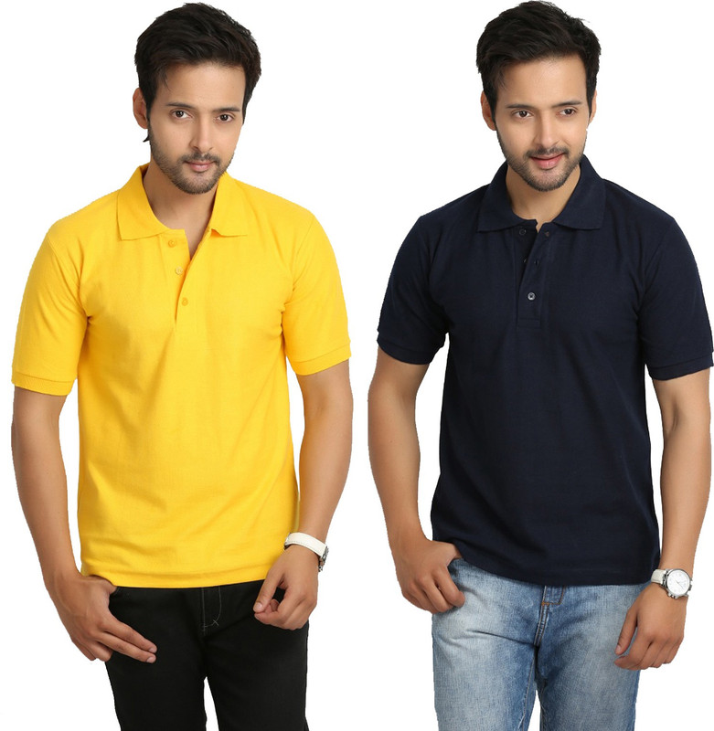 Weardo Solid Men Polo Neck Blue, Yellow T-Shirt(Pack of 2)