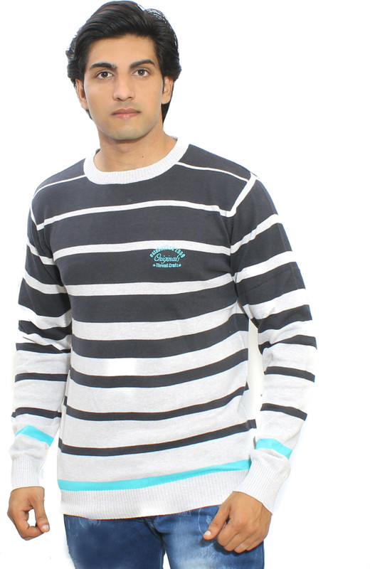 Thread Craft Striped Men Round Neck Grey, White T-Shirt