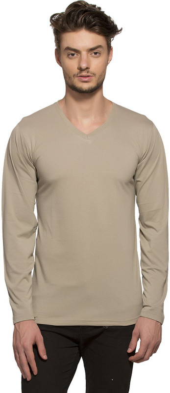 Alan Jones Solid Men V-neck Beige T-Shirt