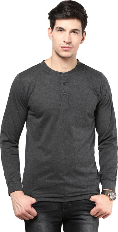 Izinc Solid Men Henley Grey T-Shirt