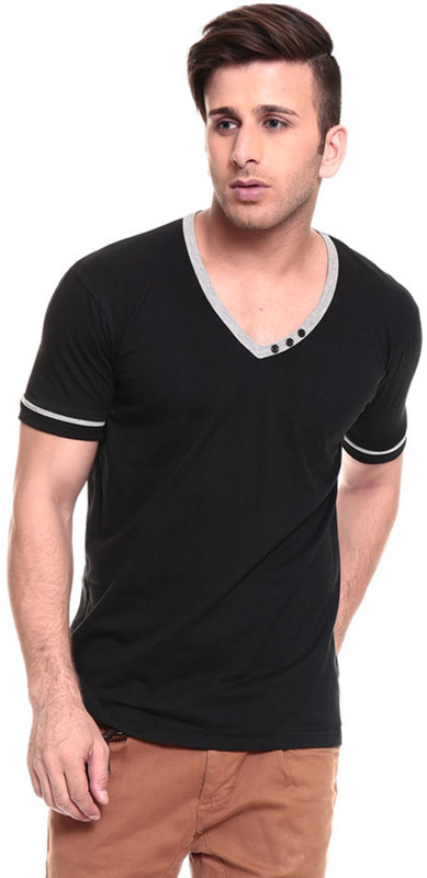 Izinc Solid Men V-neck Black T-Shirt