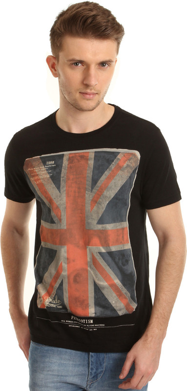 Flying Machine Graphic Print Men Round Neck Black T-Shirt