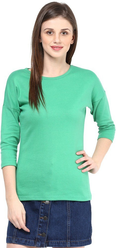 Hypernation Solid Women High Neck Green T-Shirt