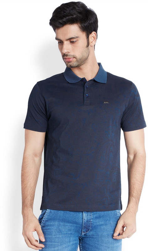 Park Avenue Solid Men Flap Collar Neck Dark Blue T-Shirt