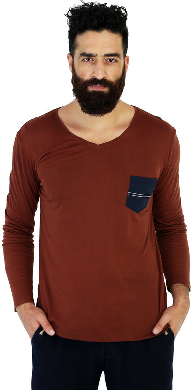Mr Button Solid Men V-neck Brown T-Shirt