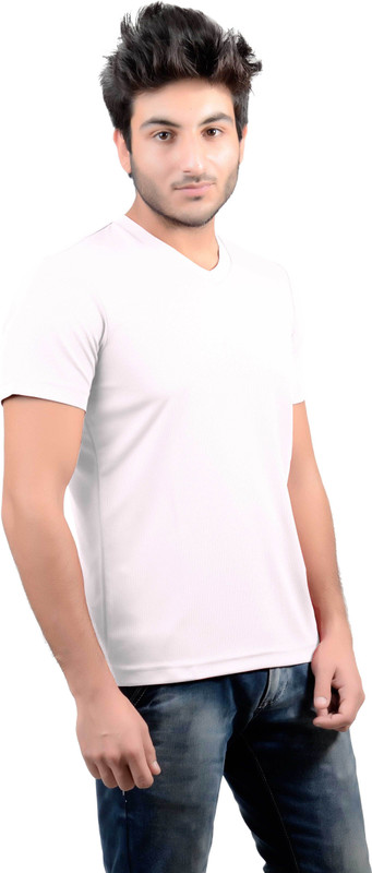 DS WORLD Solid Men V-neck White T-Shirt