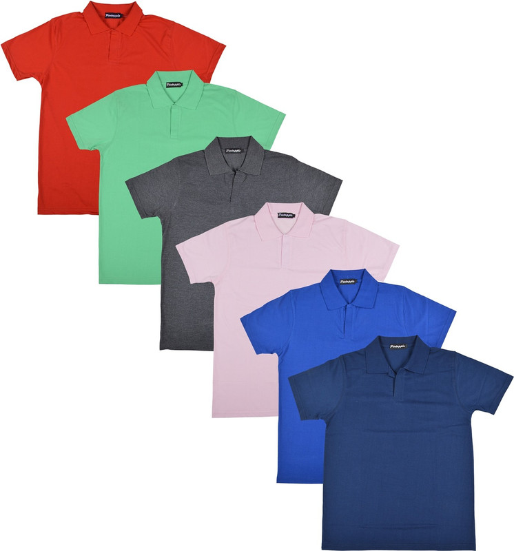 Pintapple Solid Men Polo Neck Blue, Pink, Grey, Light Green, Red, Dark Blue T-Shirt(Pack of 6)