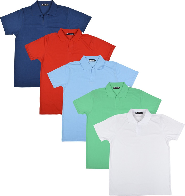 Pintapple Solid Men Polo Neck White, Light Green, Light Blue, Red, Dark Blue T-Shirt(Pack of 5)