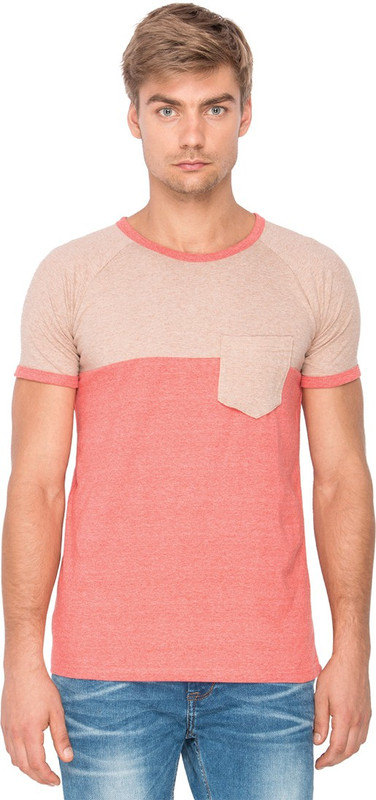 Campus Sutra Solid Men Round or Crew Beige, Red T-Shirt