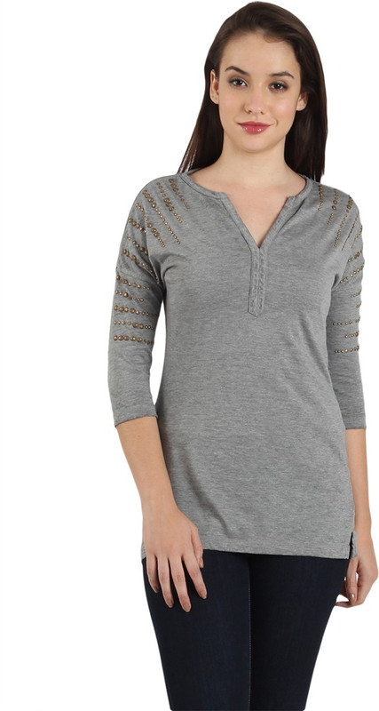 B Kind Solid Women V-neck Grey T-Shirt