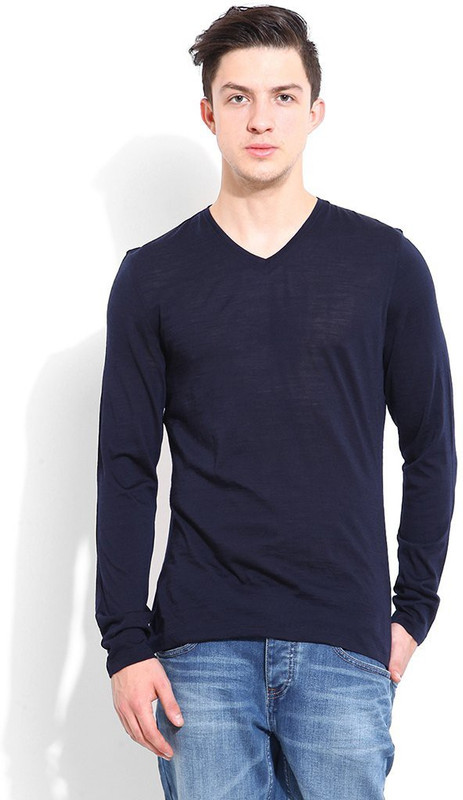 Blackberrys Solid Men V-neck Dark Blue T-Shirt