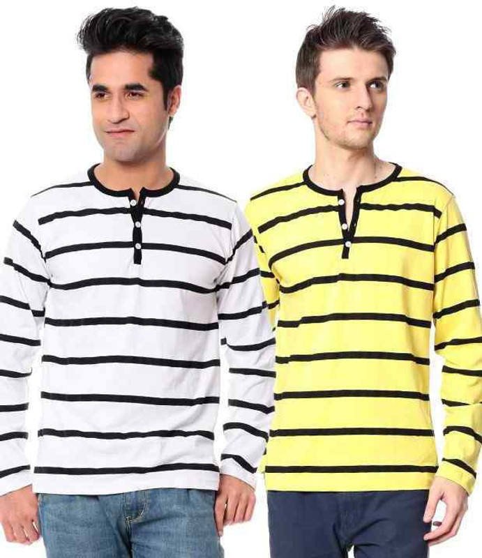 Leana Striped Men Round Neck White, Yellow T-Shirt(Pack of 2)
