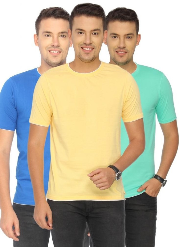 Campus Sutra Solid Men Round or Crew Green, Yellow, Blue T-Shirt(Pack of 3)