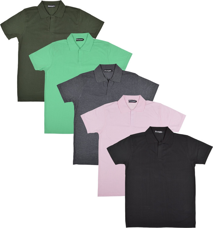 Pintapple Solid Men Polo Neck Black, Pink, Grey, Light Green, Dark Green T-Shirt(Pack of 5)