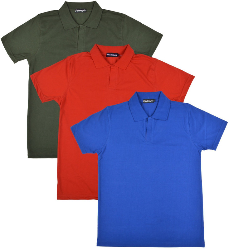 Pintapple Solid Men Polo Neck Blue, Red, Dark Green T-Shirt(Pack of 3)