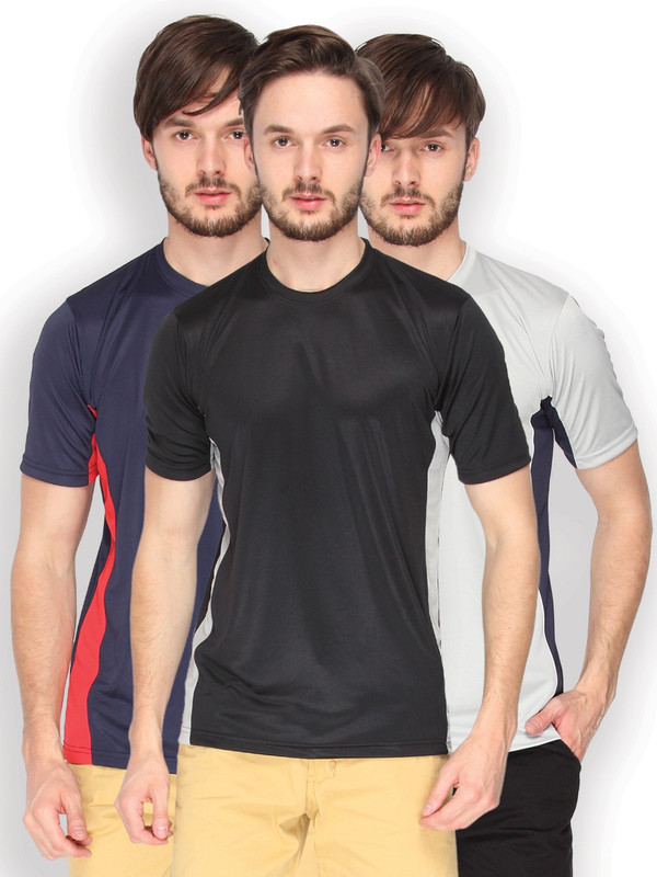Campus Sutra Solid Men Round or Crew Denim Black, Grey, Blue, Red, Grey, Blue T-Shirt(Pack of 3)