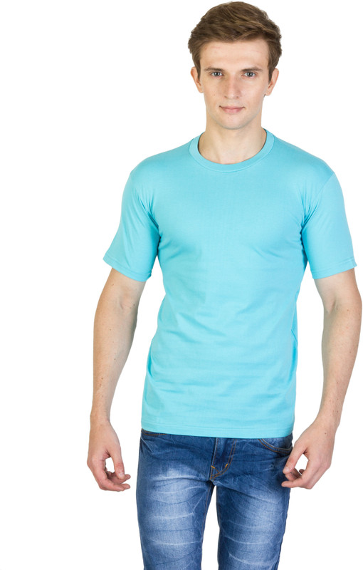 DuoPolin Solid Men Round Neck Light Blue T-Shirt