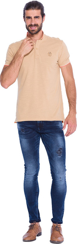 Mufti Solid Men Polo Neck Beige T-Shirt