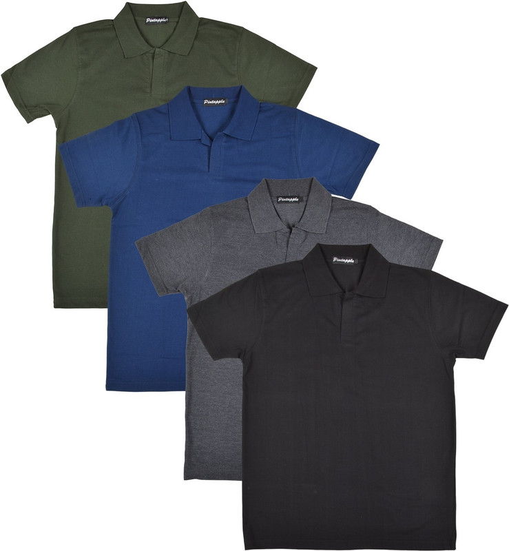 Pintapple Solid Men Polo Neck Black, Grey, Dark Blue, Dark Green T-Shirt(Pack of 4)