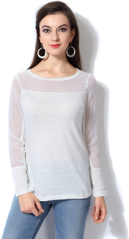 SF Jeans by Pantaloons Solid Women Round Neck White T-Shirt