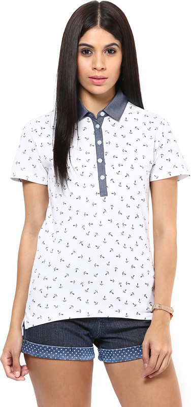 Hypernation Printed Women High Neck White T-Shirt