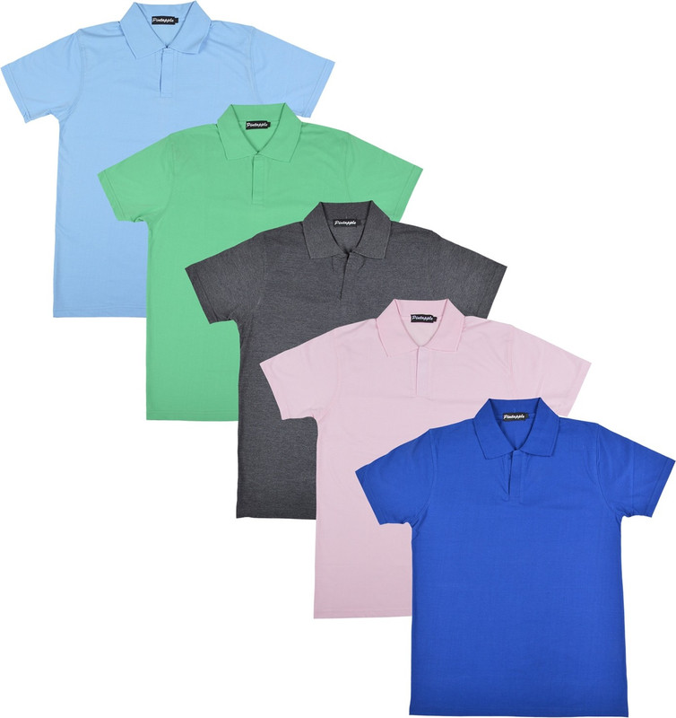 Pintapple Solid Men Polo Neck Blue, Pink, Grey, Light Green, Light Blue T-Shirt(Pack of 5)