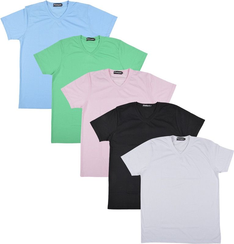 Pintapple Solid Men V-neck White, Black, Pink, Light Green, Light Blue T-Shirt(Pack of 5)