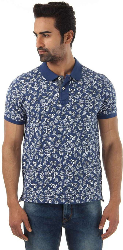 Flying Machine Floral Print Men Polo Neck Blue T-Shirt