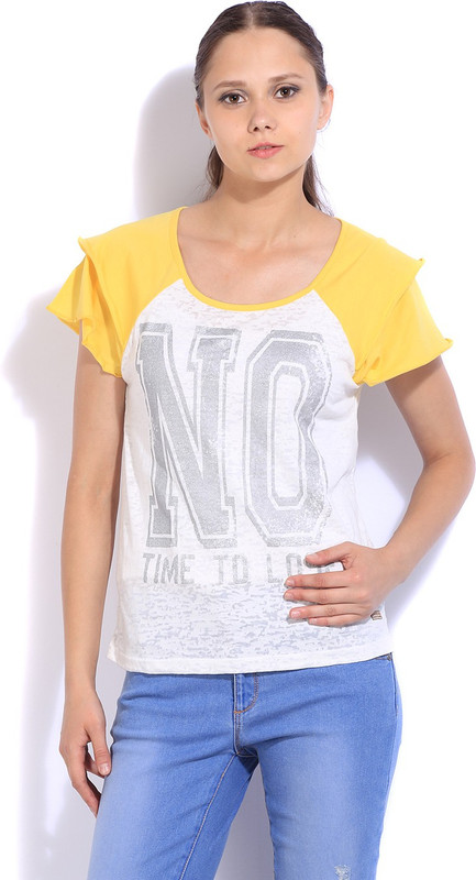 Flying Machine Printed Women Round Neck White, Yellow T-Shirt