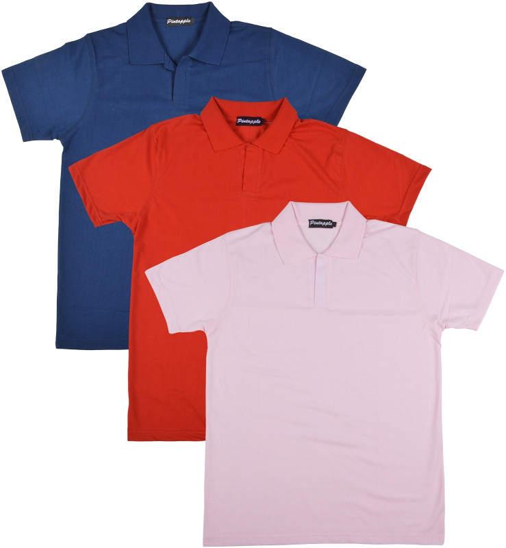 Pintapple Solid Men Polo Neck Pink, Red, Dark Blue T-Shirt(Pack of 3)