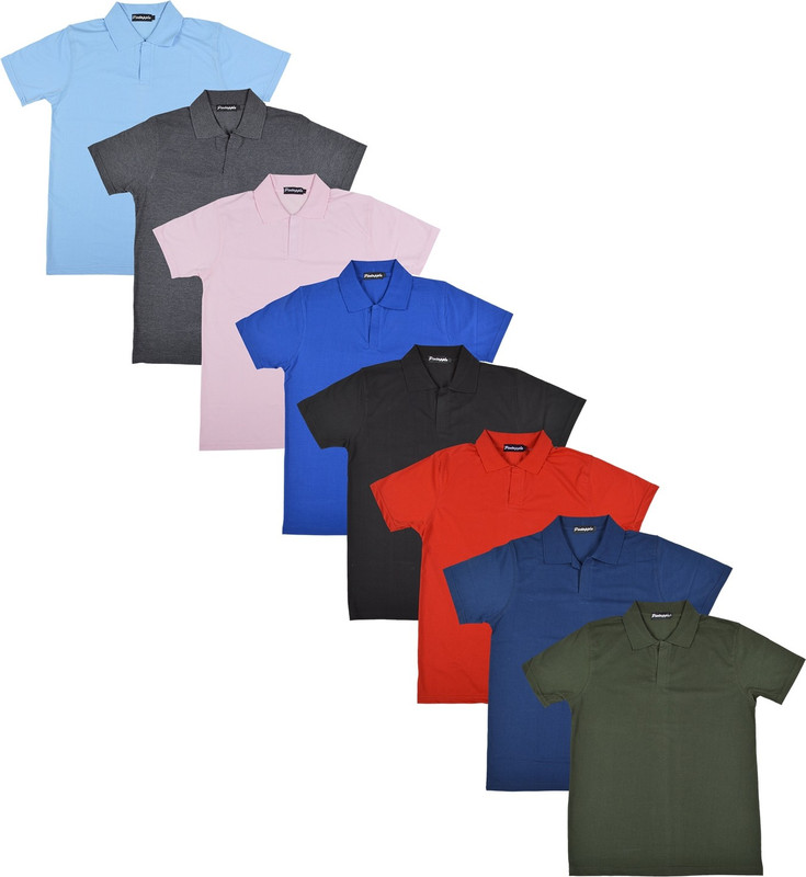 Pintapple Solid Men Polo Neck Black, Blue, Pink, Grey, Light Blue, Red, Dark Blue, Dark Green T-Shirt(Pack of 8)