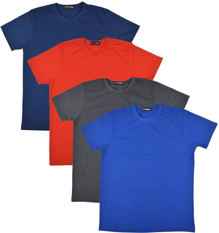 Pintapple Solid Men Round Neck Blue, Grey, Red, Dark Blue T-Shirt(Pack of 4)