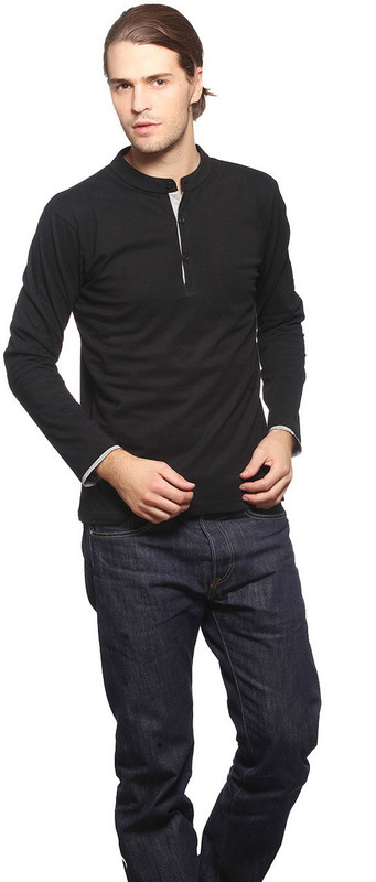 Gritstones Solid Men Henley Black T-Shirt