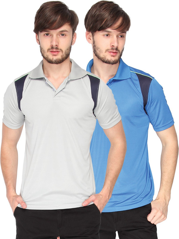 Campus Sutra Solid Men Polo Neck Denim Grey, Blue T-Shirt(Pack of 2)