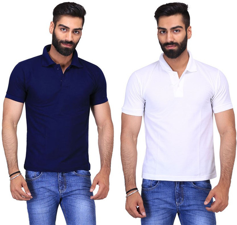 Fuego Solid Men Polo Neck Dark Blue, White T-Shirt(Pack of 2)