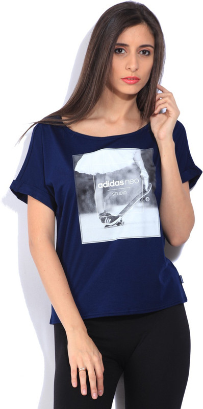 ADIDAS Printed Women Boat Neck Dark Blue T-Shirt