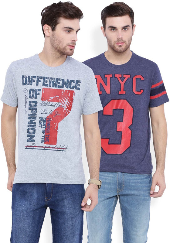 DIFFERENCE OF OPINION Printed Men Round Neck Blue, Grey T-Shirt(Pack of 2)