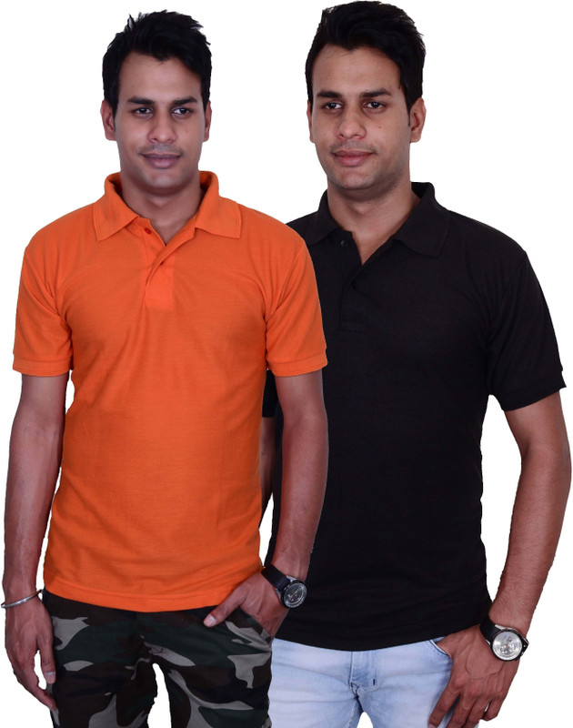 Blaze Solid Men Polo Neck Orange, Black T-Shirt(Pack of 2)