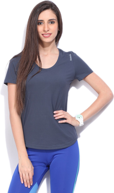 REEBOK Solid Women Scoop Neck Dark Blue T-Shirt